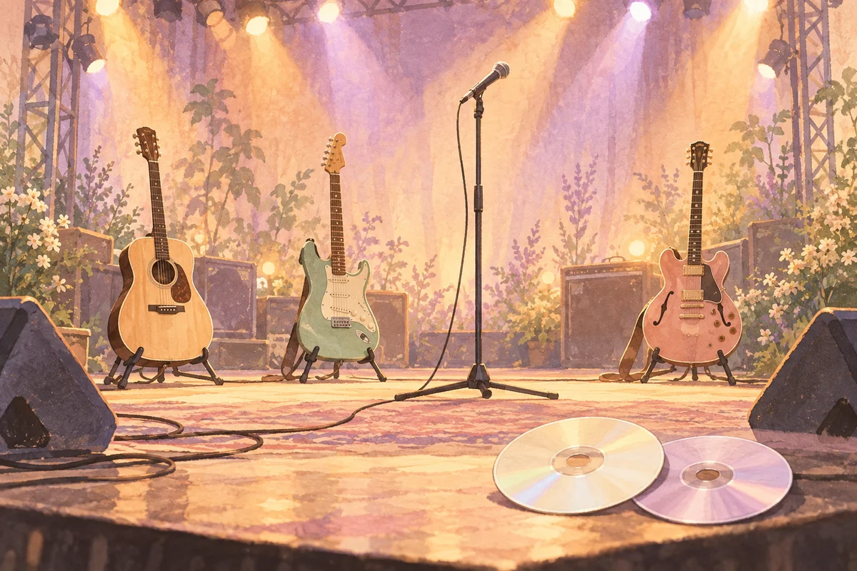 ギタースタンドと2枚のCDを置いた架空のステージを描いたAI生成イメージ。実際の出演者や公演セットではありません。