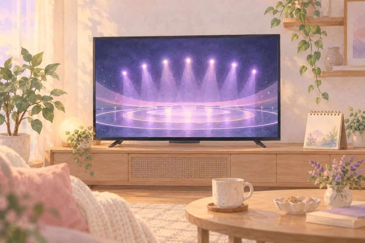 テレビと卓上カレンダー、抽象的な円形ステージの光を描いたAI生成イメージ。実際の公演映像や公式ステージではありません。