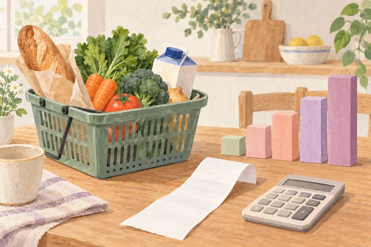 食料品のかごと無地のレシート、電卓、抽象的な積み木を描いたAI生成イメージ。実際の価格や統計グラフではありません。