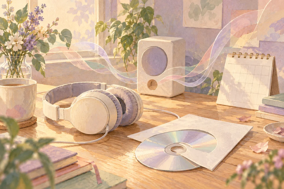 ヘッドホンとCD、音の響きを思わせるリボンを描いたAI生成イメージ