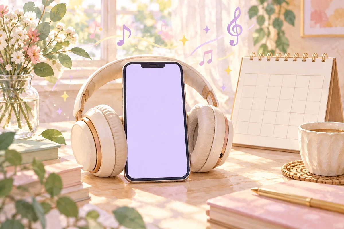 無地のスマートフォンとヘッドホン、文字のないカレンダーを描いたAI生成イメージ。実際のアプリ画面や特典ではありません。