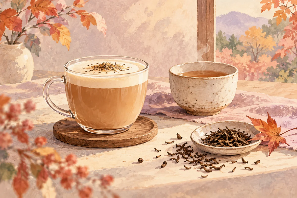 無地のカップに入ったミルクティーと温かいお茶、茶葉と秋の葉を描いたAI生成イメージ。実際の商品写真ではありません。