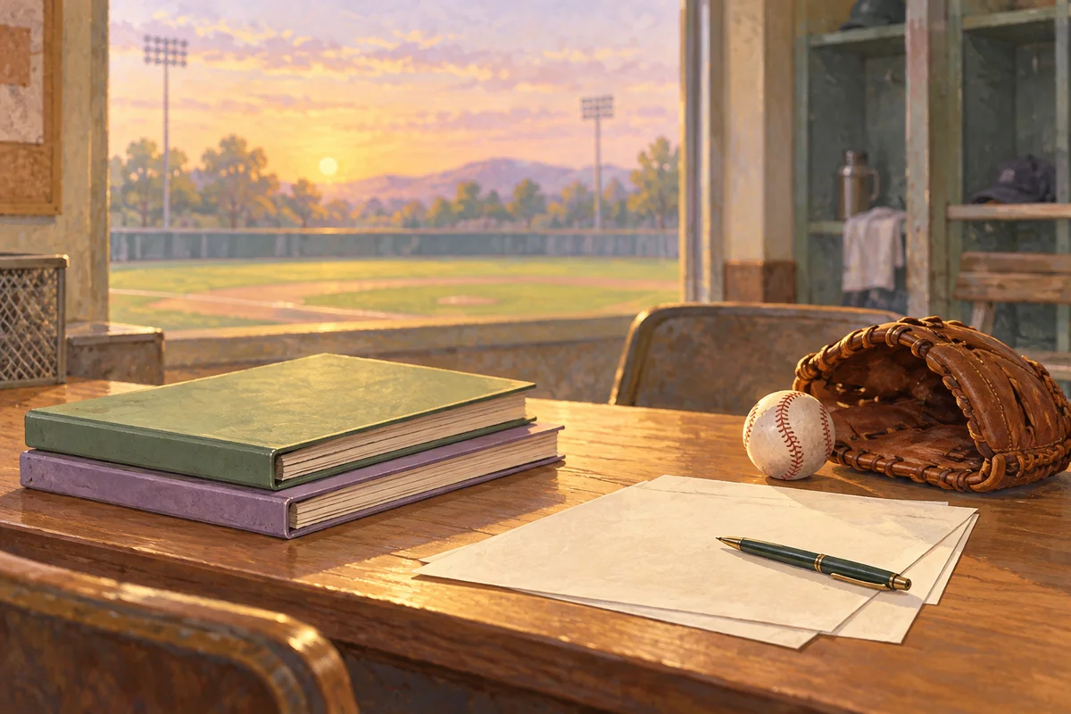 無地の書類とファイル、ボールとグローブを野球場のそばに描いたAI生成イメージ。実際の契約書や施設ではありません。