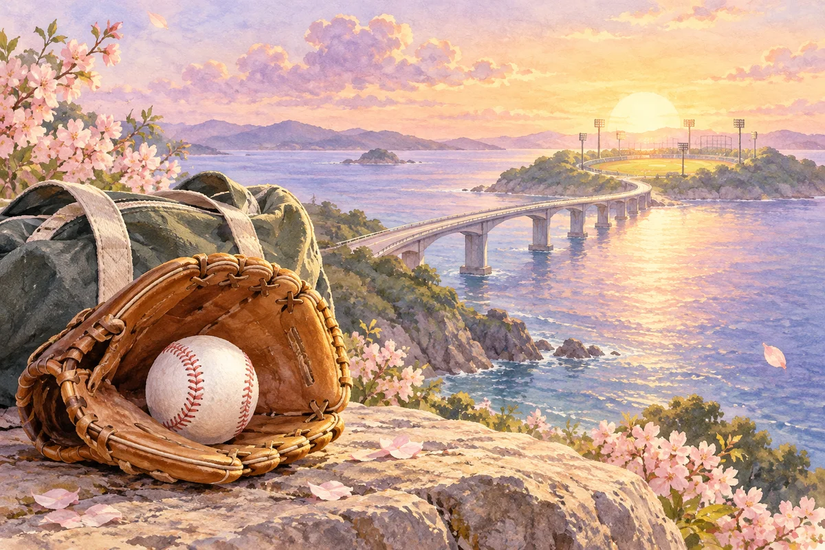 野球用具と海の向こうへ続く架空の風景を描いたAI生成イメージ。佐藤選手本人や実際の移籍先を表す画像ではありません。