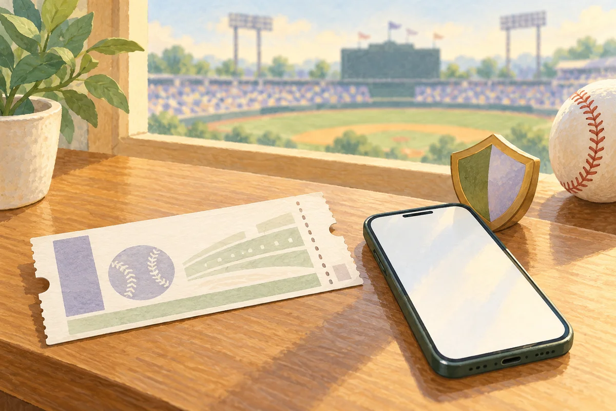 野球場を背景に、無地の観戦券、スマートフォンと盾のモチーフを描いたAI生成イメージ。実際のチケットや球場ではありません。