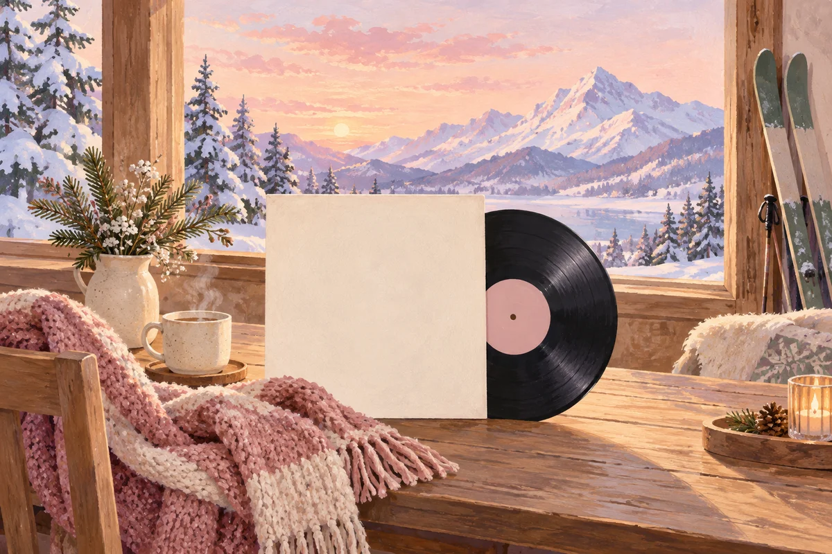 雪山の見える窓辺に無地のレコードとスキーを置いたAI生成イメージ。実際の映画やジャケットの再現ではありません。