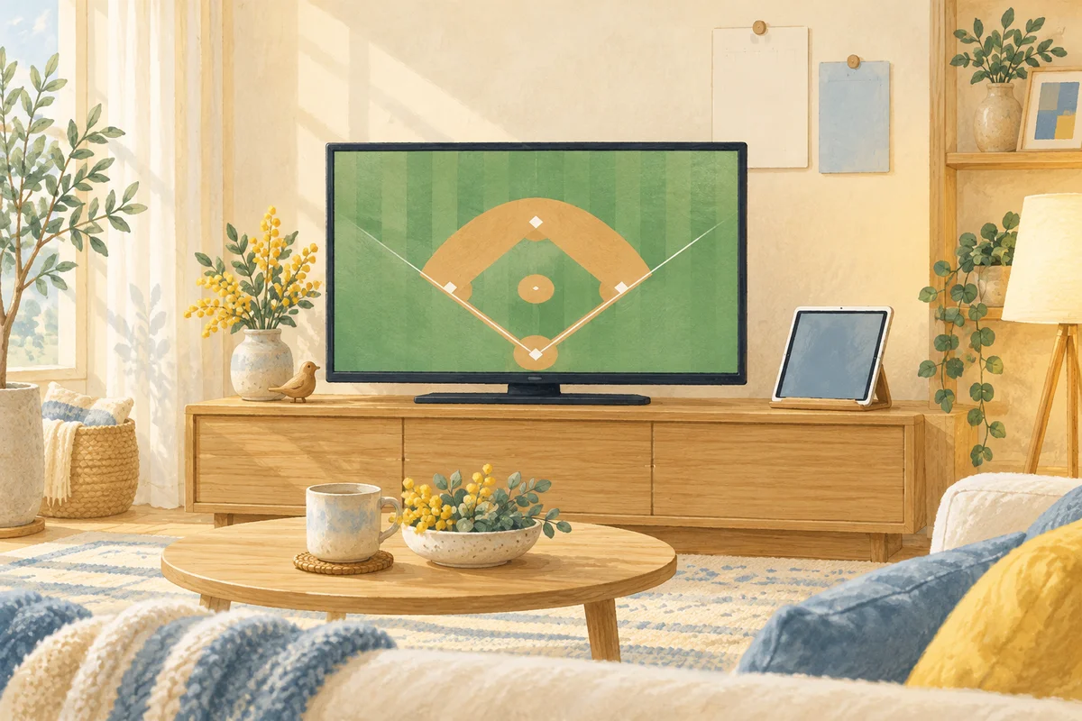 テレビとタブレット、架空の野球場図を描いたAI生成イメージ。実際の放送画面ではありません。