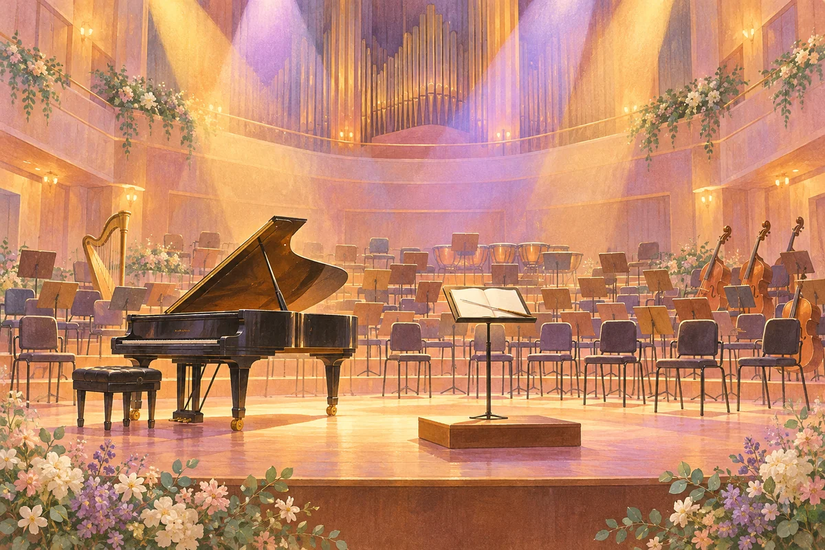 架空のコンサートホールにピアノと指揮台を描いたAI生成イメージ。実際の出演者や撮影会場ではありません。