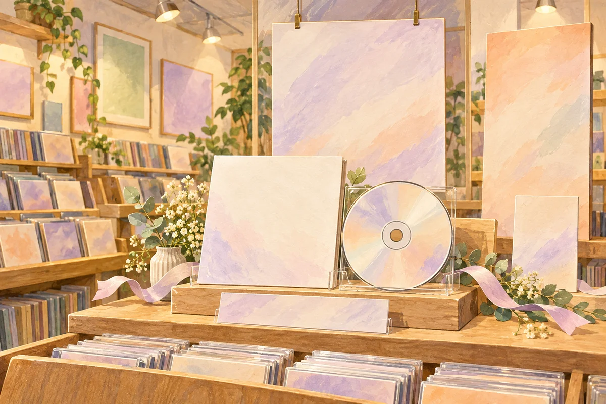 無地のパネルとCDを並べたレコード店を描いたAI生成イメージ