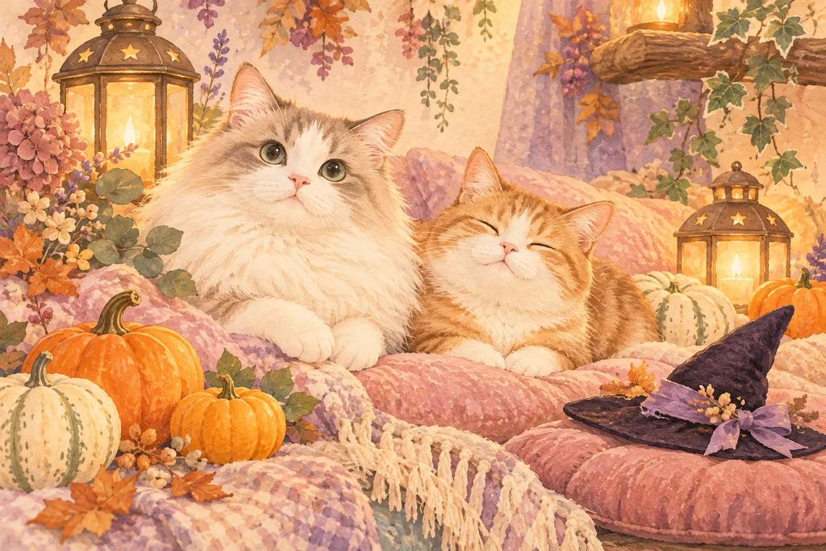 カボチャを飾った架空の猫カフェでくつろぐ2匹の猫を描いたAI生成イメージ。実際の店舗や所属する猫ではありません。