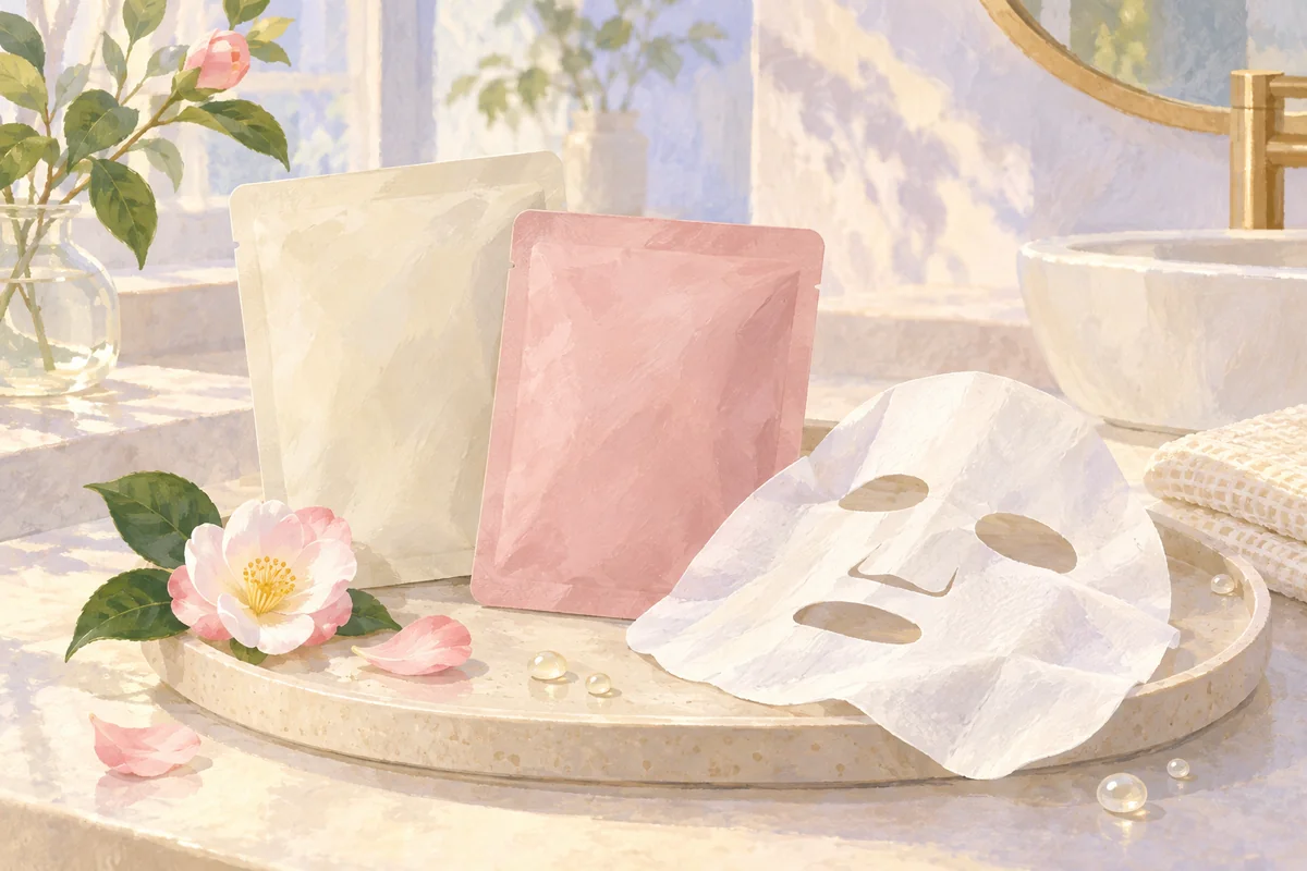無地のパウチとシートマスク、ツバキの花を描いたAI生成イメージ。実際の商品パッケージではありません。
