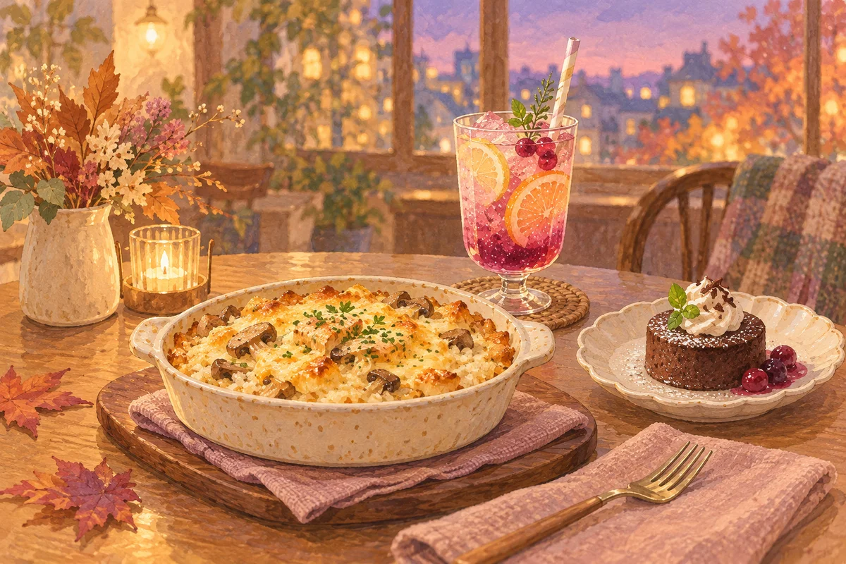 架空のカフェでドリア風の料理、チョコレートのデザート、フルーツソーダを描いたAI生成イメージ。実際のメニューや盛り付けではありません。