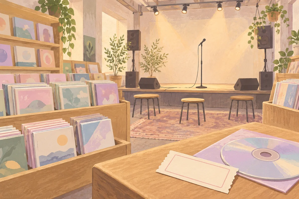 レコード店の小さなステージと無地の参加券、ディスクを描いたAI生成イメージ。実際の会場やアーティストではありません。