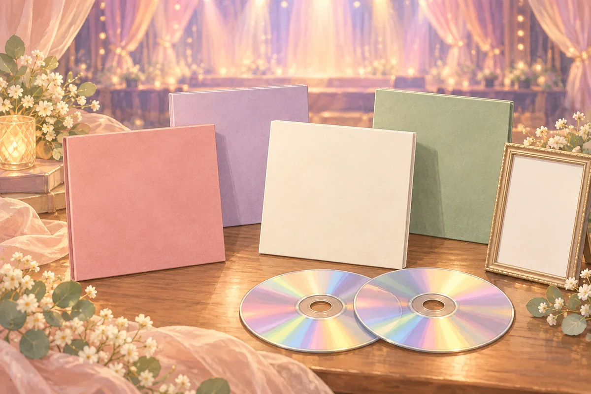 無地のCDケース4つとディスクを淡い色で描いたAI生成イメージ。実際のジャケットや商品ではありません。