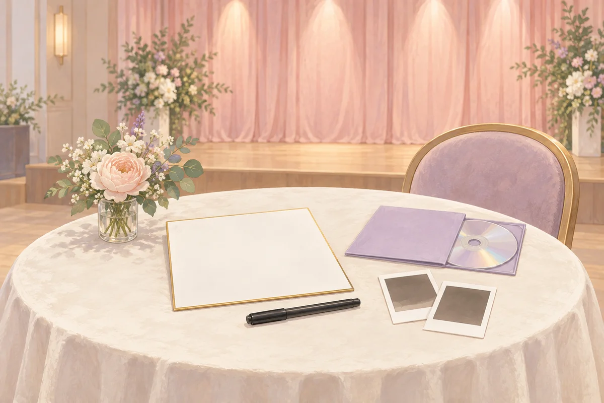 淡いピンクのイベント会場に、無地の色紙とペン、CD、写真用の白いフレームを描いたAI生成イメージ。実際の会場・商品ではありません。