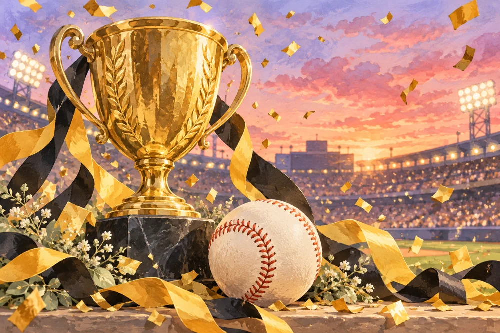 トロフィーと野球ボールの優勝イメージ