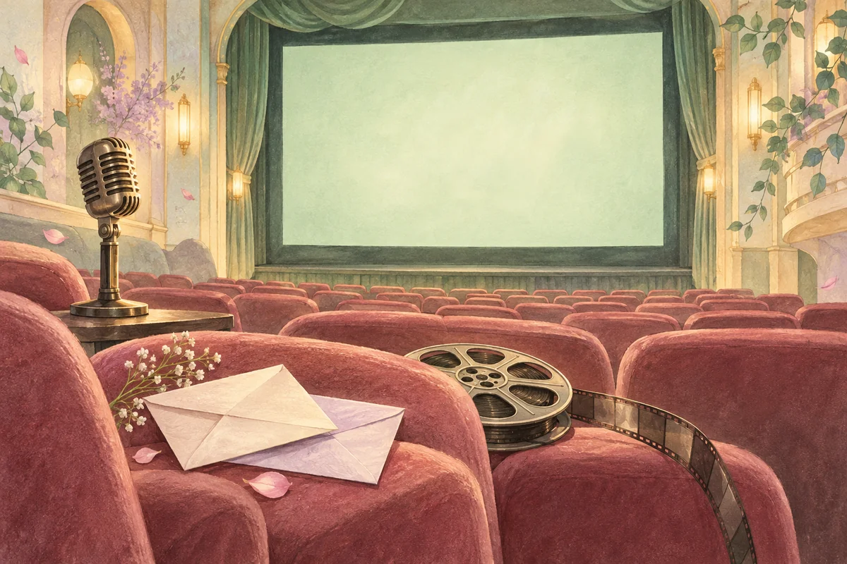 緑色のスクリーンとマイク、手紙を置いた架空の映画館を描いたAI生成イメージ。映画の場面や出演者を再現した画像ではありません。